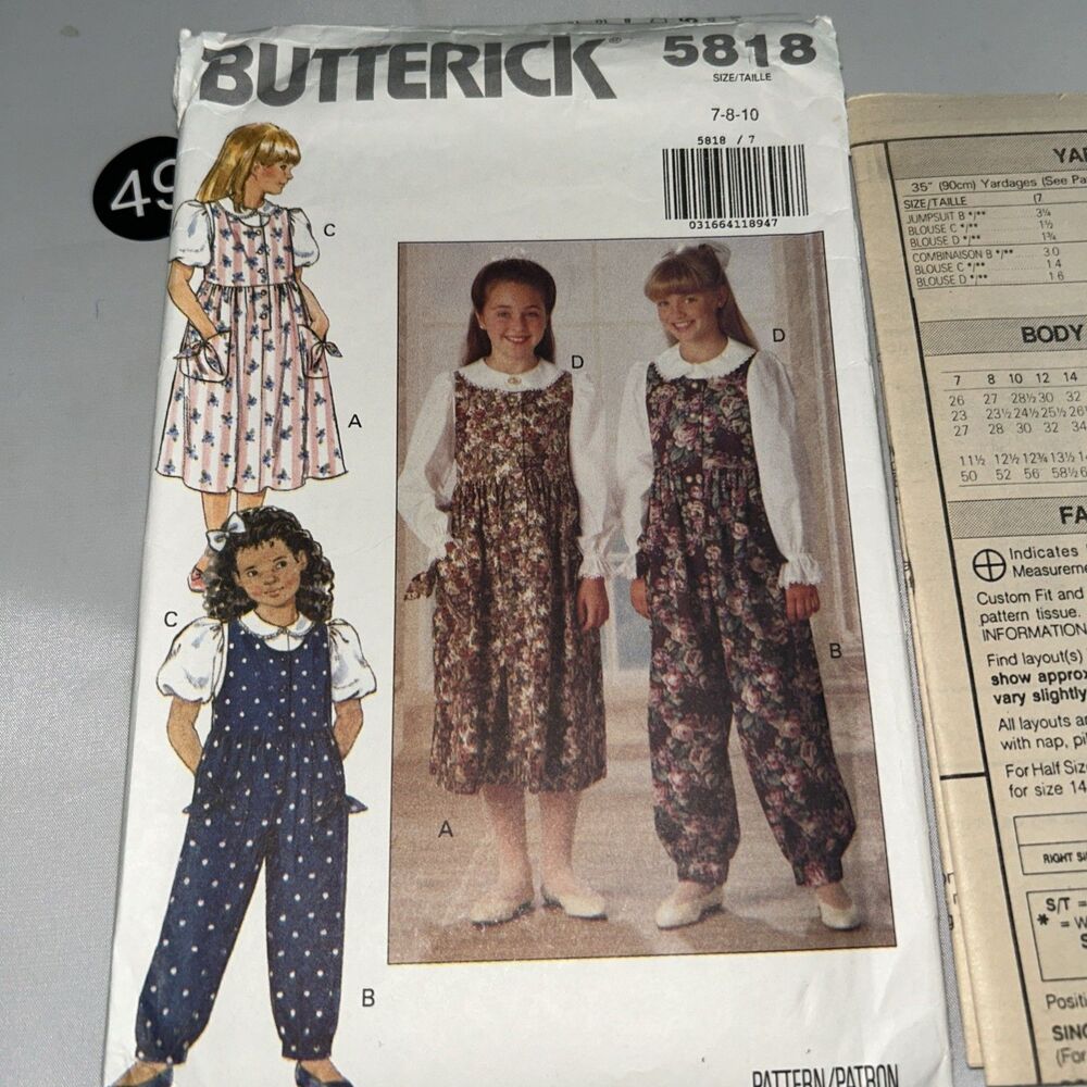 Butterick Pattern 5818 Girls’ Jumper Jumpsuit Blouse Sizes 7/8/10Uncut
